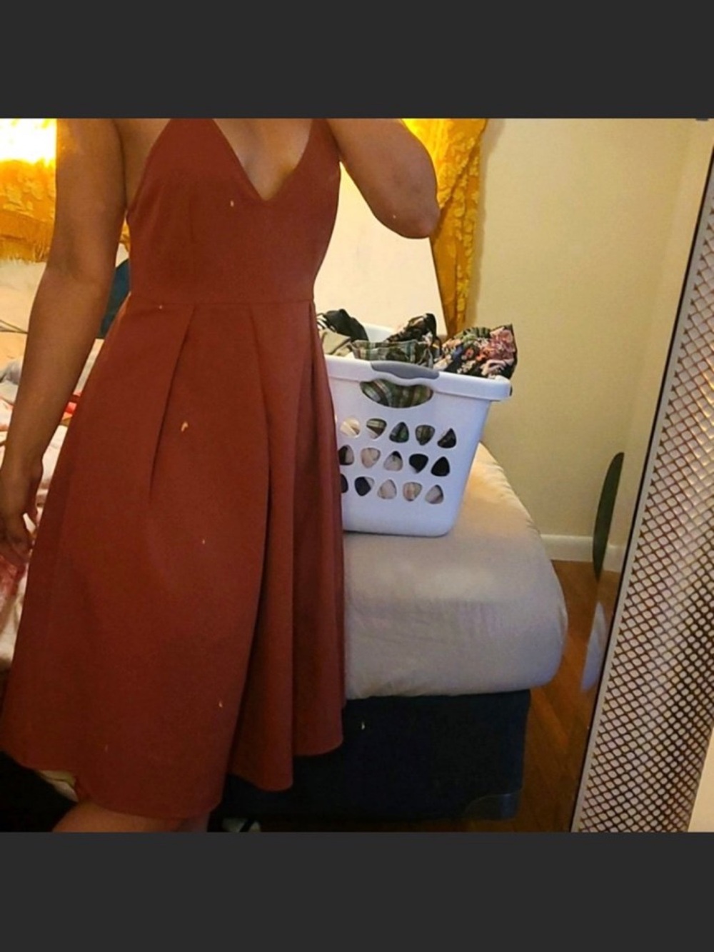 Sleeveless Rust-Red V-Neck Midi Dress with A-Line Skirt